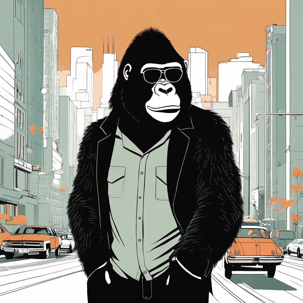 gorilla-like , sweet,art by Sophie Roach , art by Jon Klassen , art by Michael Cho , art by Sophie Roach、sunglasses,campimg,smoking,city
