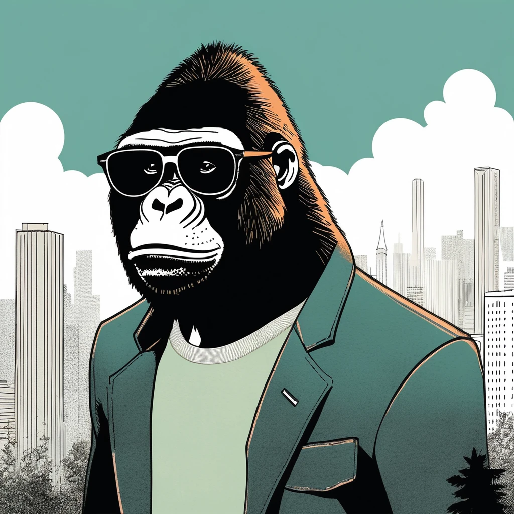 gorilla-like , sweet,art by Sophie Roach , art by Jon Klassen , art by Michael Cho , art by Sophie Roach、sunglasses,campimg,smoking,city