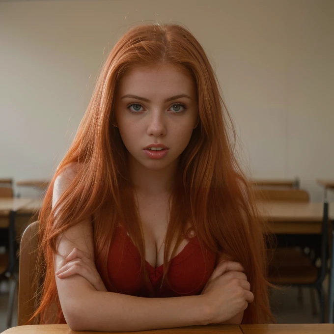 sitting at a table with red hair, sexy photo of a woman, very young sexy student 16 years old, with bright red tousled hair, a bit like Scarlett Johansson, juicy figure, big breasts, wonderful big eyes and full lips, at school , In the classroom context,  Attire, She is angry, annoyed, sits at the table