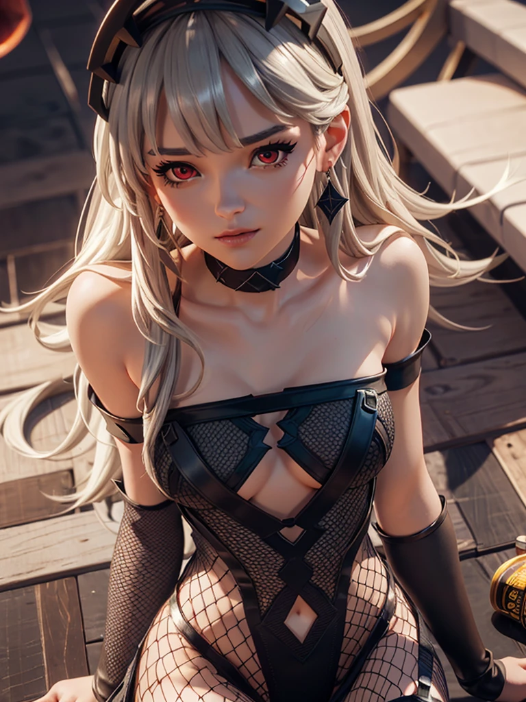 1 girl, Princess lexa (provided), corona, (close up, head shot:1.2), pretty eyes, Red eyes, 3D rendering style, octane, Cycles, Alone, choker,, earrings, huge round naked tits,long fishnet stockings sexy tight dress