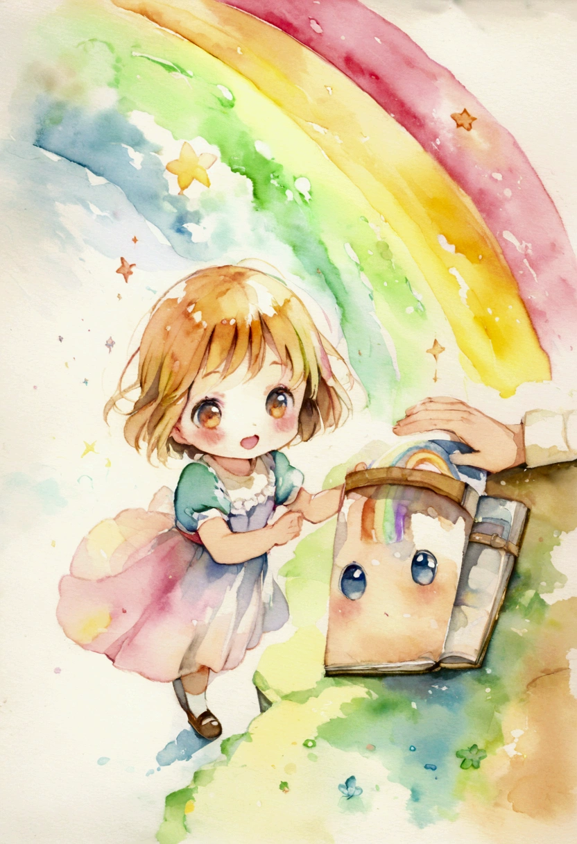 A big rainbow and a girl and boy around 4 Picture books Watercolor