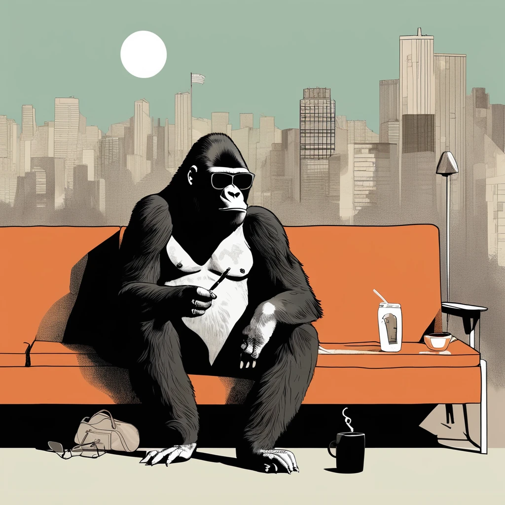 gorilla-like , sweet,art by Sophie Roach , art by Jon Klassen , art by Michael Cho , art by Sophie Roach、sunglasses,campimg,smoking,city
