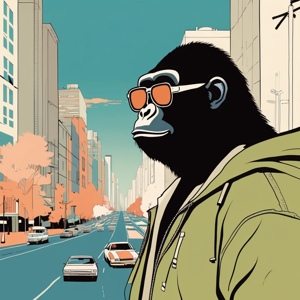 gorilla-like , sweet,art by Sophie Roach , art by Jon Klassen , art by Michael Cho , art by Sophie Roach、sunglasses,campimg,smoking,city
