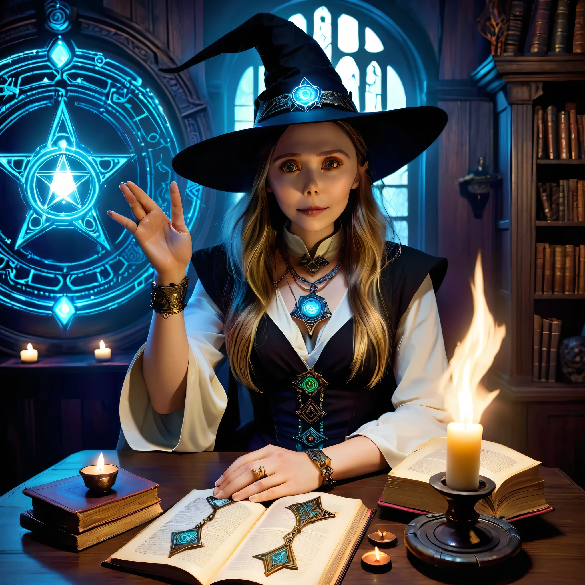 depicts a modern-day witch (Elizabeth Olsen) who has embraced the world of cybernetics to enhance her magical abilities. The artwork should convey the enchanting blend of traditional witchcraft and futuristic technology. Here are some specific elements to include: The Witch's Lair: The setting should be a cozy yet slightly eerie room, filled with magical books, crystal balls, potion ingredients, and antique furnishings. The room should be dimly lit by candles and a soft, mystical glow emanating from her cybernetic enhancements. The Cyborg Witch: The central focus of the artwork is the witch herself. She's a striking figure with a mix of traditional witch attire and cybernetic enhancements. Her clothing should have a witchy, occult aesthetic, with flowing robes, a pointed hat, and an intricate pentagram necklace. Her arms, however, have been upgraded with cybernetic components that incorporate magical symbols and glowing runes. Magical Interface: The witch is in the midst of casting a spell, with a holographic, touch-screen interface floating before her. This interface includes spell incantations, arcane symbols, and digital components, demonstrating her fusion of magic and technology. Spell Ingredients: On a nearby table, there should be a collection of spell ingredients, like herbs, potions, and magical artifacts. Some of these items may have been modified with cybernetic enhancements, blurring the line between the natural and the technological. Familiar: The witch's familiar, perhaps a cat or raven, should be present in the scene, serving as her magical companion. The familiar could also have subtle cybernetic enhancements or glowing eyes. Glowing Runes: The room should be adorned with ancient symbols and glowing runes on the walls and floor, contributing to the magical atmosphere. Aetherial Lighting: Use a combination of mystical, ethereal lighting and cybernetic glows to create a captivating interplay of light and shadow. The contrast between the tradit
