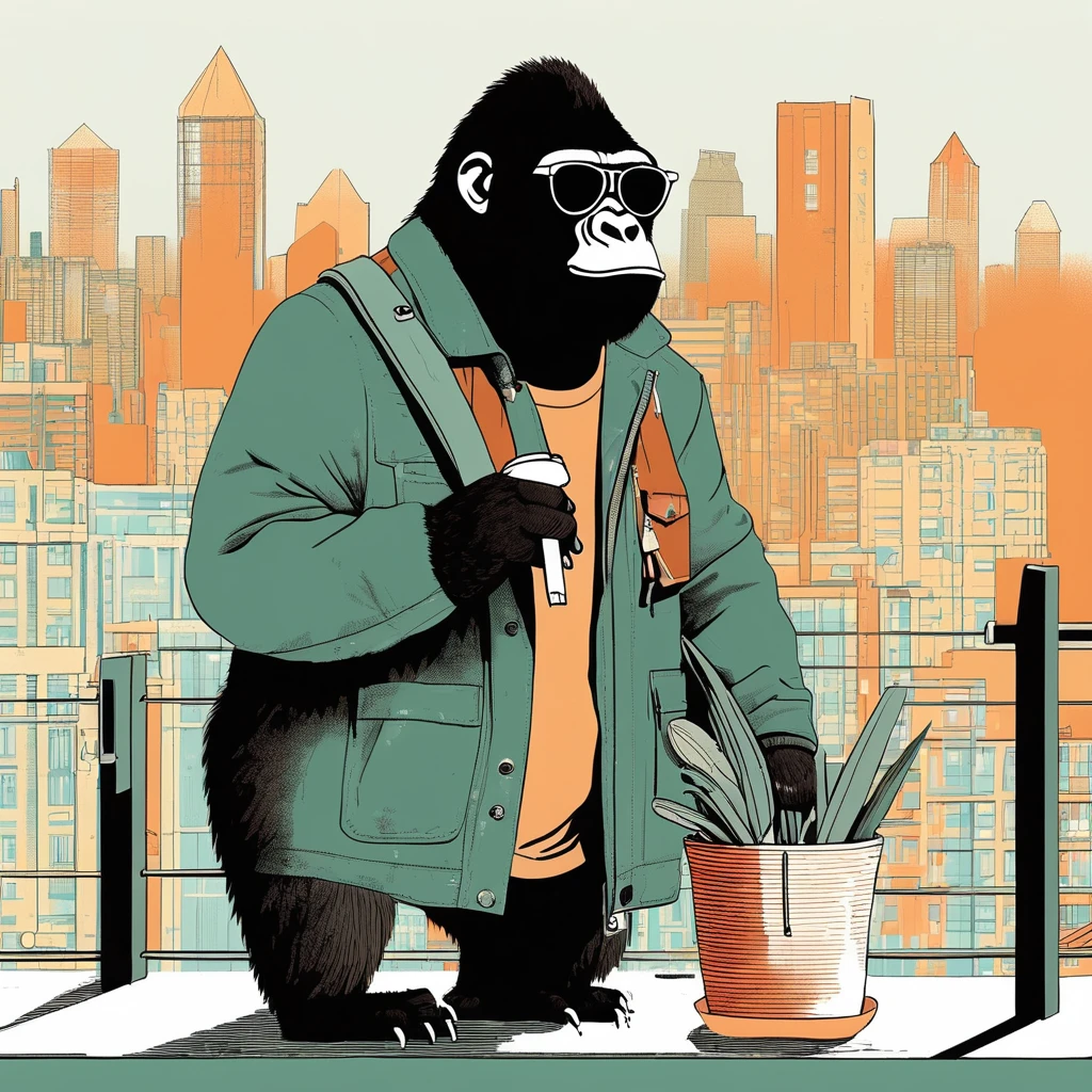 gorilla-like , sweet,art by Sophie Roach , art by Jon Klassen , art by Michael Cho , art by Sophie Roach、sunglasses,campimg,smoking,city
