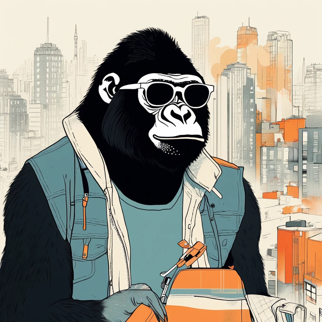 gorilla-like , sweet,art by Sophie Roach , art by Jon Klassen , art by Michael Cho , art by Sophie Roach、sunglasses,campimg,smoking,city