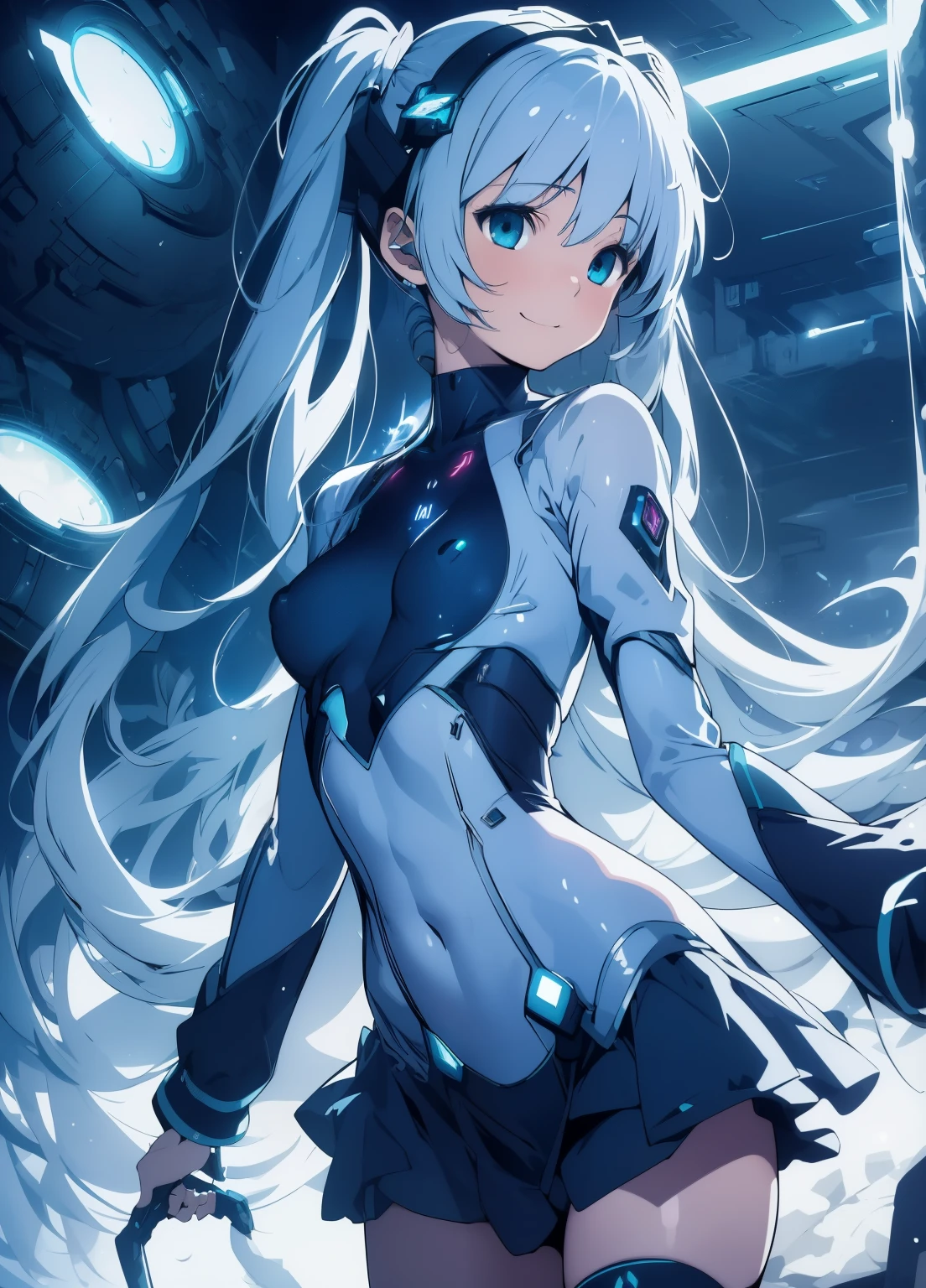 (masterpiece、Highest quality、Highest quality、Official Art、Beautiful and beautiful:1.2)、(One girl:1.3)Hatsune Miku、Twin tails,Beautiful breasts,(masterpiece), (sf:1.4), One girl, She turned away, smile, Silver Hair, Aqua Eye, headgear, Long sleeve, Removable sleeves, Glowing Energy Clothing, Particles of light