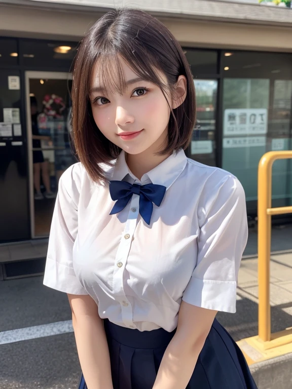 Very detailed CG Unity 8k 壁紙, Highest quality, Very detailed, masterpiece, Realistic, Realistic, Very detailed日本のかわいい女の子, (32 years), blush, Round eyes, Thick eyebrow chest, High resolution raw color photos, Professional photos, Portrait of y girl、Anatomically correct body shape、Healthy body shape、Brown short hair、smile、uniform、high school girl、Write your hair、Front view、Show your side、Avoid the same pose、The whole body is shown、Female announcer、Matman、Pictured alone