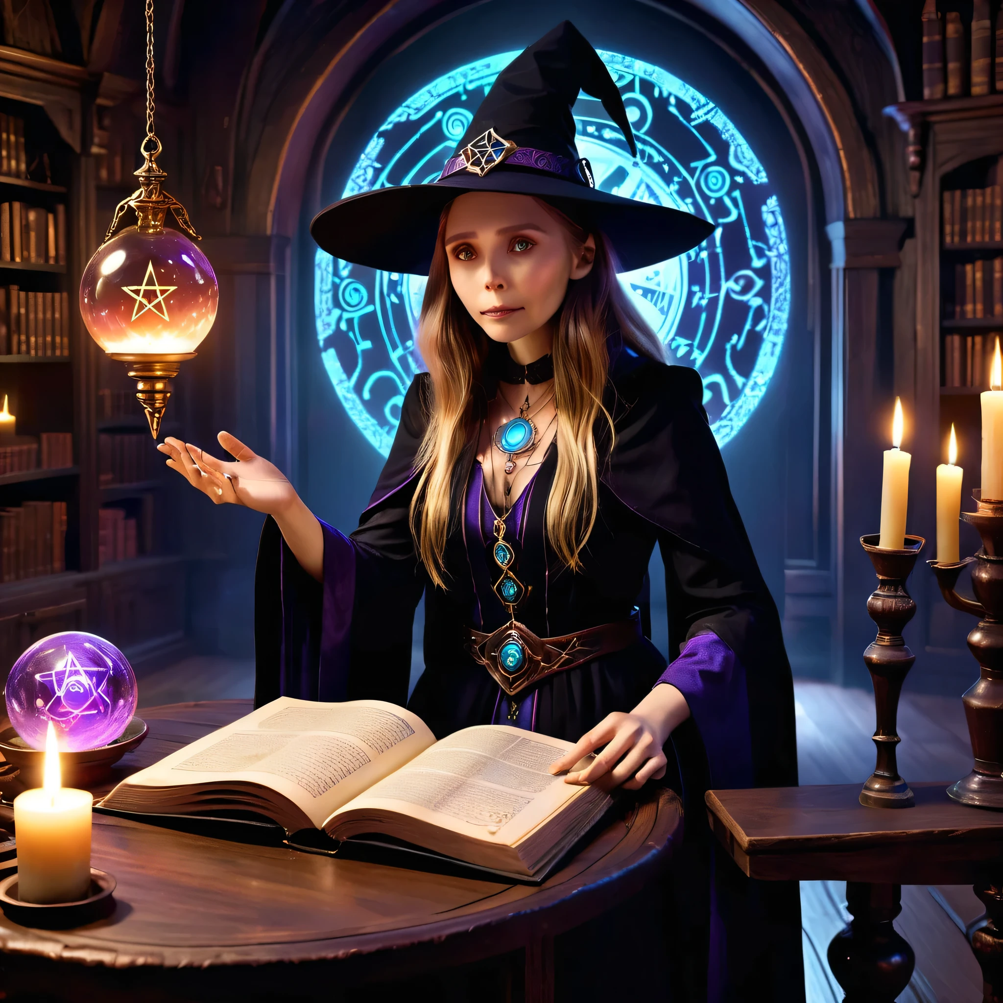 depicts a modern-day witch (Elizabeth Olsen) who has embraced the world of cybernetics to enhance her magical abilities. The artwork should convey the enchanting blend of traditional witchcraft and futuristic technology. Here are some specific elements to include: The Witch's Lair: The setting should be a cozy yet slightly eerie room, filled with magical books, crystal balls, potion ingredients, and antique furnishings. The room should be dimly lit by candles and a soft, mystical glow emanating from her cybernetic enhancements. The Cyborg Witch: The central focus of the artwork is the witch herself. She's a striking figure with a mix of traditional witch attire and cybernetic enhancements. Her clothing should have a witchy, occult aesthetic, with flowing robes, a pointed hat, and an intricate pentagram necklace. Her arms, however, have been upgraded with cybernetic components that incorporate magical symbols and glowing runes. Magical Interface: The witch is in the midst of casting a spell, with a holographic, touch-screen interface floating before her. This interface includes spell incantations, arcane symbols, and digital components, demonstrating her fusion of magic and technology. Spell Ingredients: On a nearby table, there should be a collection of spell ingredients, like herbs, potions, and magical artifacts. Some of these items may have been modified with cybernetic enhancements, blurring the line between the natural and the technological. Familiar: The witch's familiar, perhaps a cat or raven, should be present in the scene, serving as her magical companion. The familiar could also have subtle cybernetic enhancements or glowing eyes. Glowing Runes: The room should be adorned with ancient symbols and glowing runes on the walls and floor, contributing to the magical atmosphere. Aetherial Lighting: Use a combination of mystical, ethereal lighting and cybernetic glows to create a captivating interplay of light and shadow. The contrast between the tradit