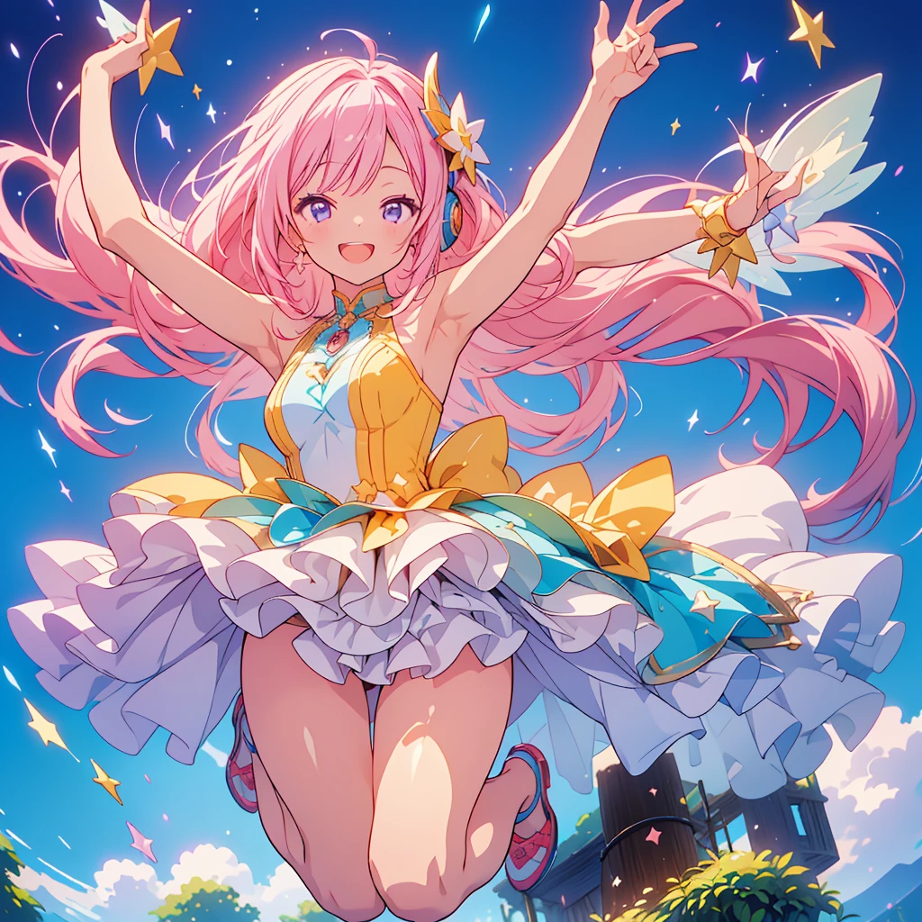 1girl、Star Fairy、(((Highest quality、Masterpiece、Official Art、Super detailed、The best dynamic composition)))、人生最高のsmile、fluffy、Sparkling、はじけるsmile、Capture the moment of jumping for joy、happiness、happiness、joy、smile、Laughing with mouth open、headphone、