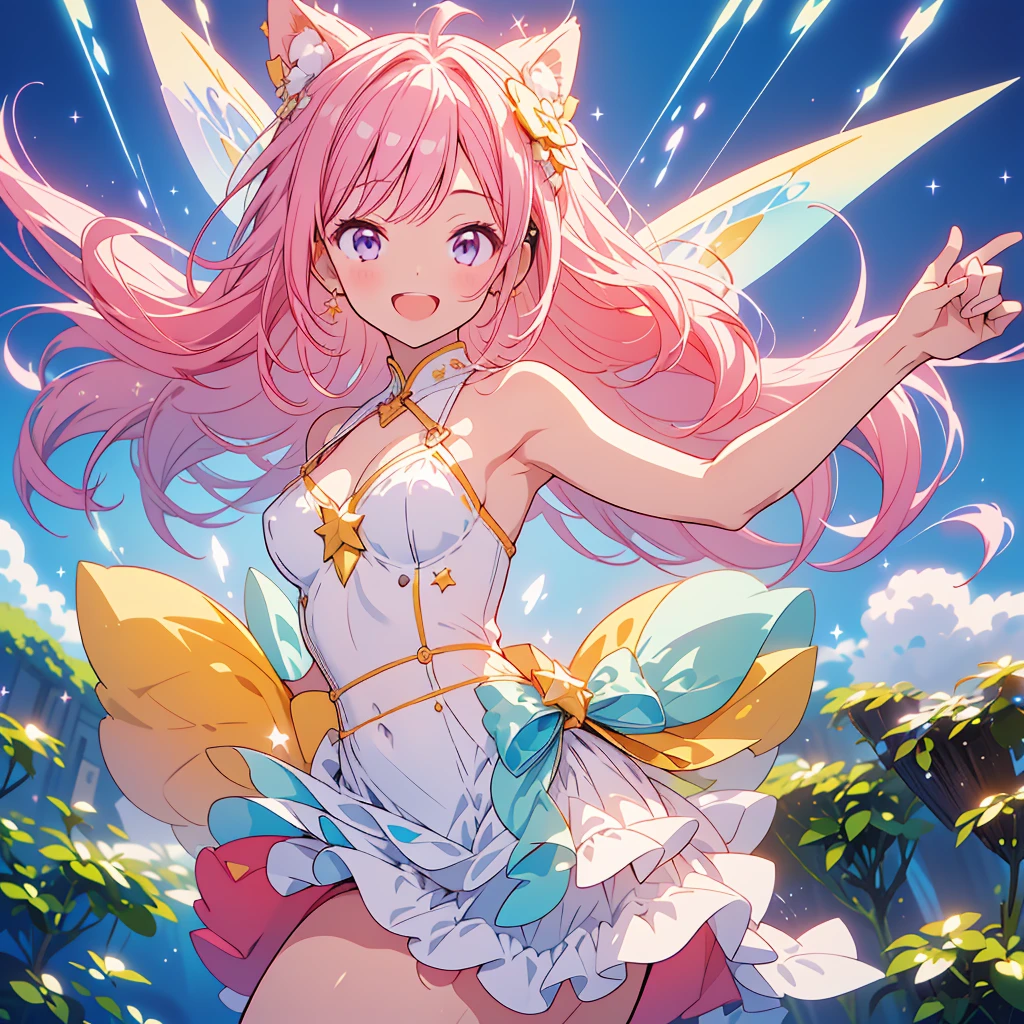 1girl、Star Fairy、(((Highest quality、Masterpiece、Official Art、Super detailed、The best dynamic composition)))、人生最高のsmile、fluffy、Sparkling、はじけるsmile、Capture the moment of jumping for joy、happiness、happiness、joy、smile、Laughing with mouth open、headphone、