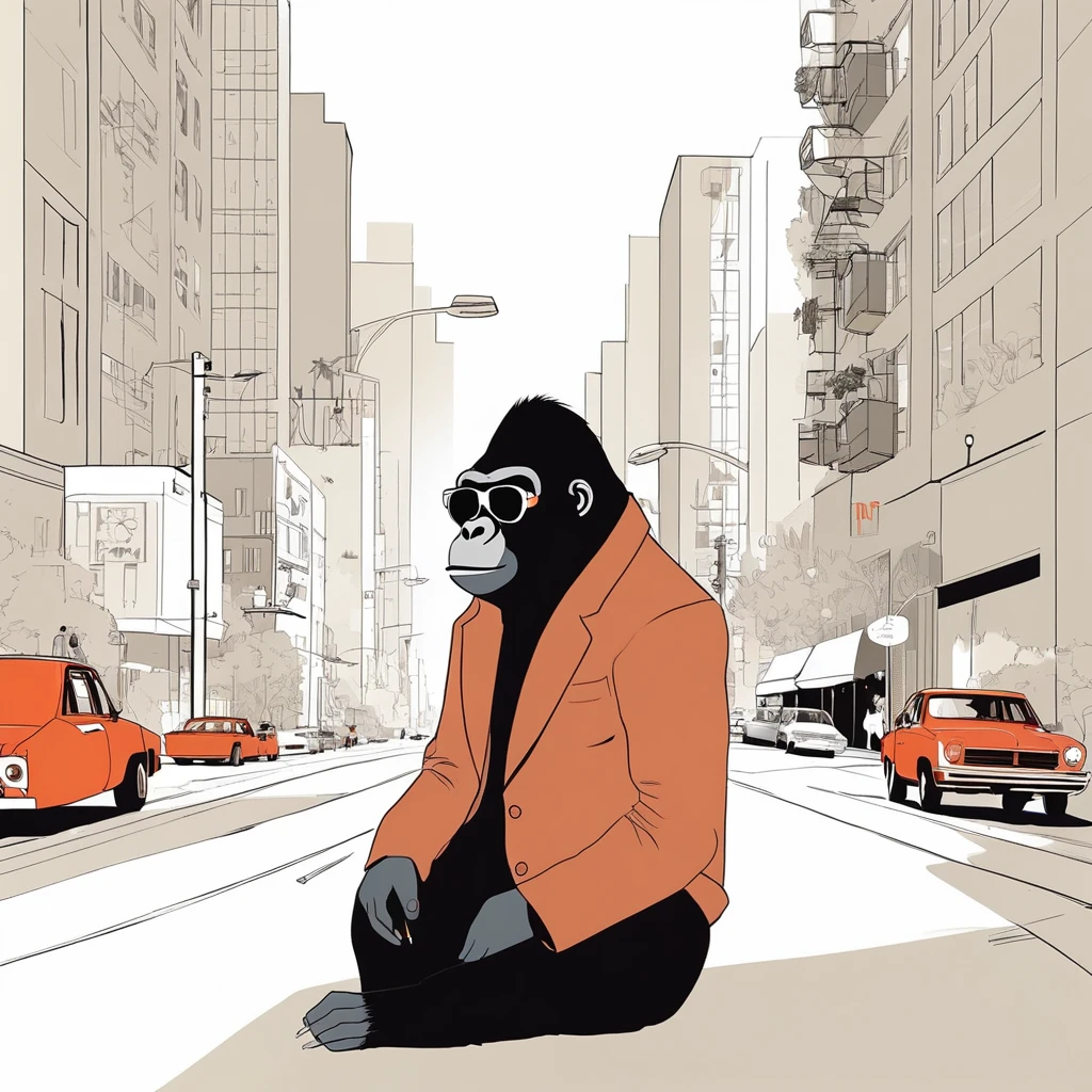 gorilla-like , sweet,art by Sophie Roach , art by Jon Klassen , art by Michael Cho , art by Sophie Roach、sunglasses,campimg,smoking,city