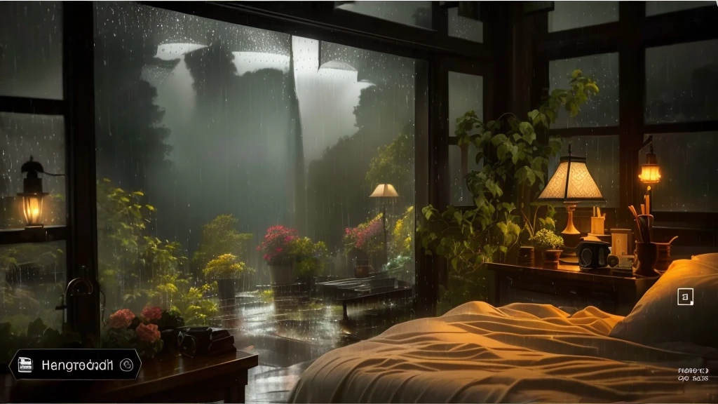there is a bed with a blanket and a lamp in a room, rainy day outside, inside on a rainy day, rainy afternoon, rainy outside, soothing and cozy landscape, cozy place, raining outside, rainy and gloomy atmosphere, rainy scene, day after raining, rainy atmosphere, in a rainy environment, rainy evening, on a rainy day, rainy environment, rainy day