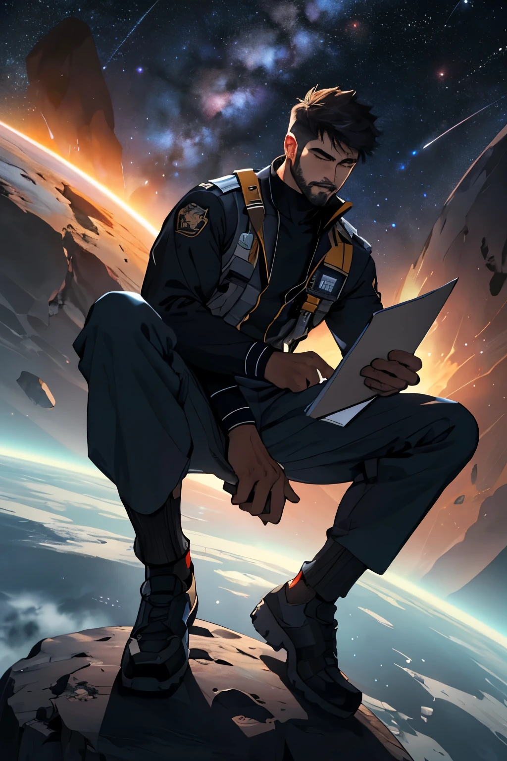 Drawing a young policeman, Sitting on a research platform floating in the middle of an asteroid belt.. He is studying with a notebook., It was surrounded by several asteroids that radiated a fiery aura.. Stunning light from distant stars and planets brightens the scene., Casts a deep shadow on the suit.. The young man looked confident and determined., View the vast and mysterious universe with curiosity and reverence.,facial hair, Cowboy Shot,
