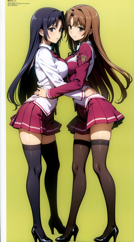 Masterpiece, high quality, 2girls, duo, identical twins, identical sisters, brown hair, curly hair, matching hairstyles, hazel eyes, medium sized bust, (school uniform, sexy school uniform, blazer, lace section, ribbon, rainbow short skirt, white thigh-high socks, black high heels, matching outfits), smile, flat_colour, full body, seductive pose, Duo pose: From the side angle, people's body curves are beautiful.
hugged from the side