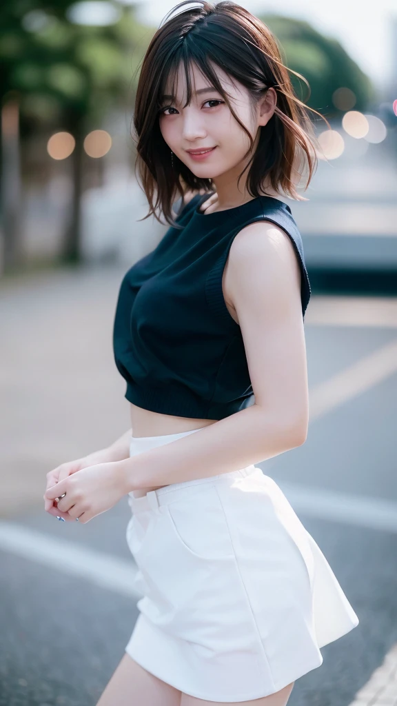 Office lady in Japanese bank clerk uniform、lunch、Walking around the city、smile、Tight mini skirt、masterpiece,best quality,ultra detailed,highres,high-resolution,4k,realistic,RAW photo,((real person)),portrait photography,photorealistic,detailed skin,(delicate black eyes ), A soothing woman with sagging eyes,Calm and calm, middle hair,skinny,clothing,The wind is blowing,tareme、(Large breasts),Off-the-shoulder shirt、