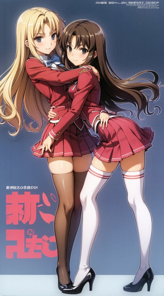 Masterpiece, high quality, 2girls, duo, identical twins, identical sisters, brown hair, curly hair, matching hairstyles, hazel eyes, medium sized bust, (school uniform, sexy school uniform, blazer, lace section, ribbon, rainbow short skirt, white thigh-high socks, black high heels, matching outfits), smile, flat_colour, full body, seductive pose, Duo pose: From the side angle, people's body curves are beautiful.
hugged from the side