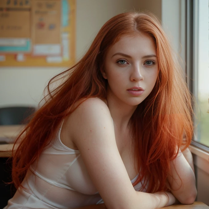 sitting at a table with red hair, sexy photo of a woman, very young sexy student , with bright red tousled hair, a bit like Scarlett Johansson, juicy figure, big breasts, wonderful big eyes and full lips, at school , In the classroom context,  Attire, She is angry, annoyed, sits at the table