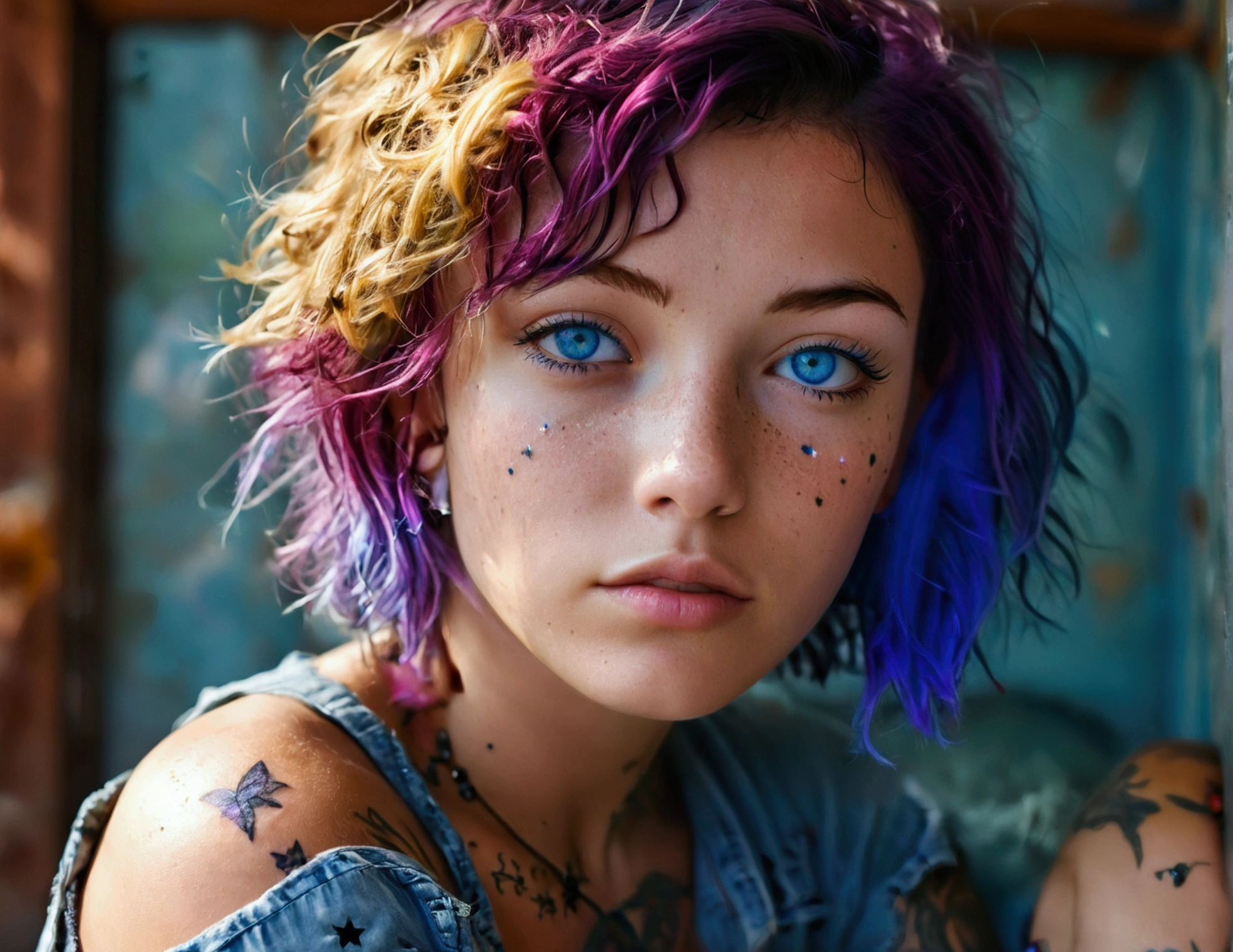 Create a profile image of a 22-year-old American woman, crystal blue eyes, olive skin, freckles on her face, short Butterfly Cut hair, blue and purple hair, slightly messy hair. She has a small star tattoo below her left eye. She is sitting, depth of field, front focus, ultra realistic