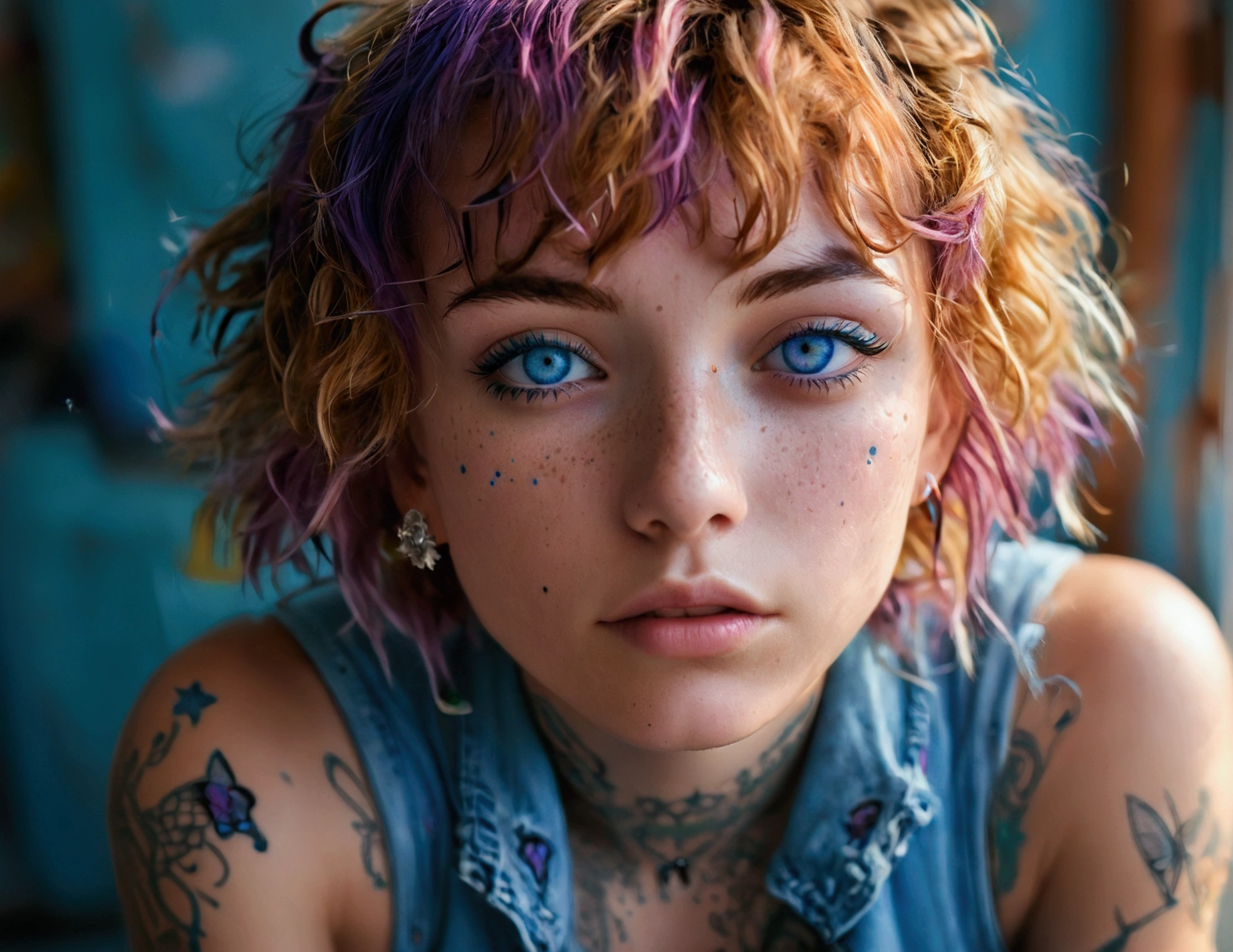Create a profile image of a 22-year-old American woman, crystal blue eyes, olive skin, freckles on her face, short Butterfly Cut hair, blue and purple hair, slightly messy hair. She has a small star tattoo below her left eye. She is sitting, depth of field, front focus, ultra realistic
