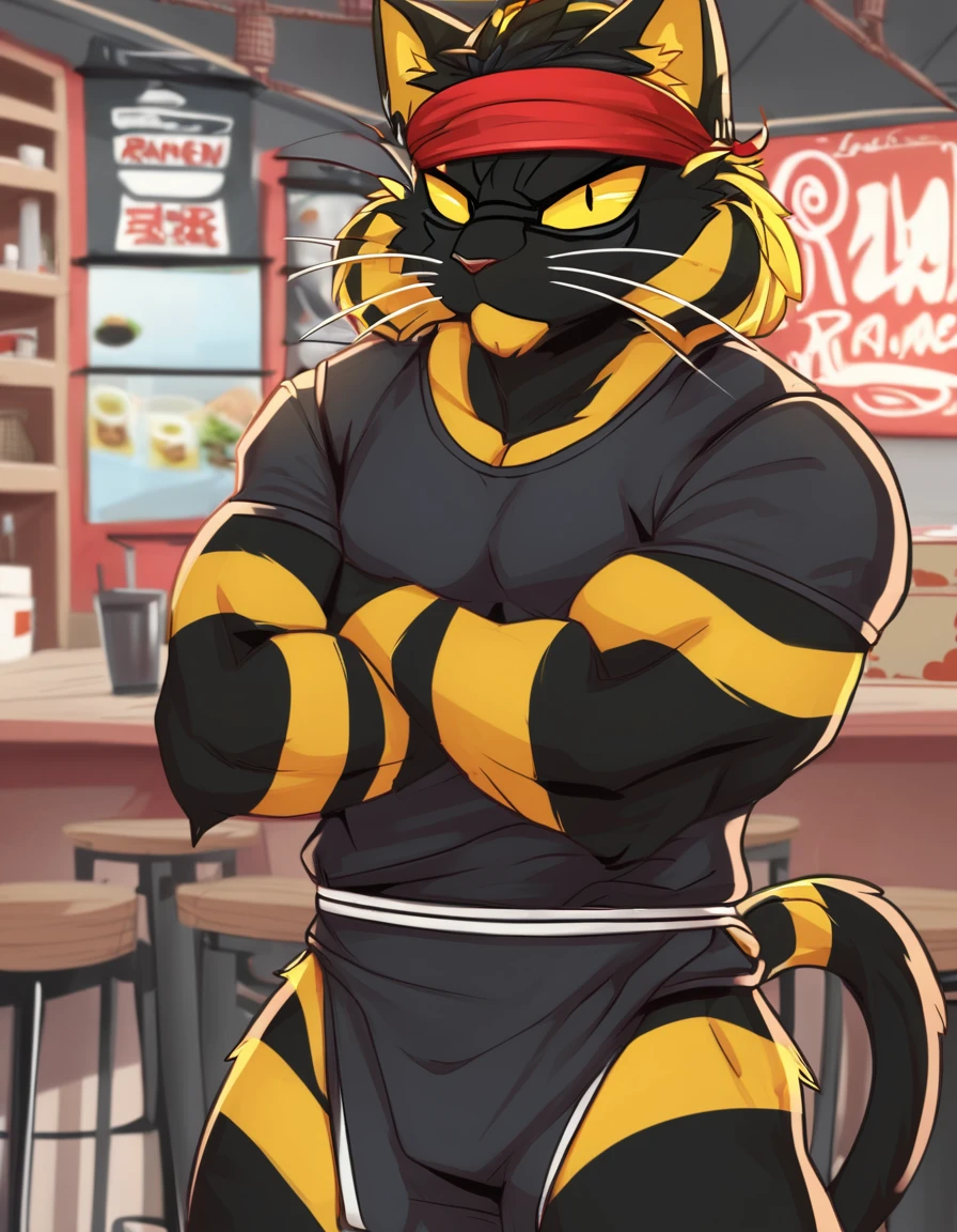 2.5D, yellow and black striped tomcat, mean look, twisted headband, standing, background ramen shop