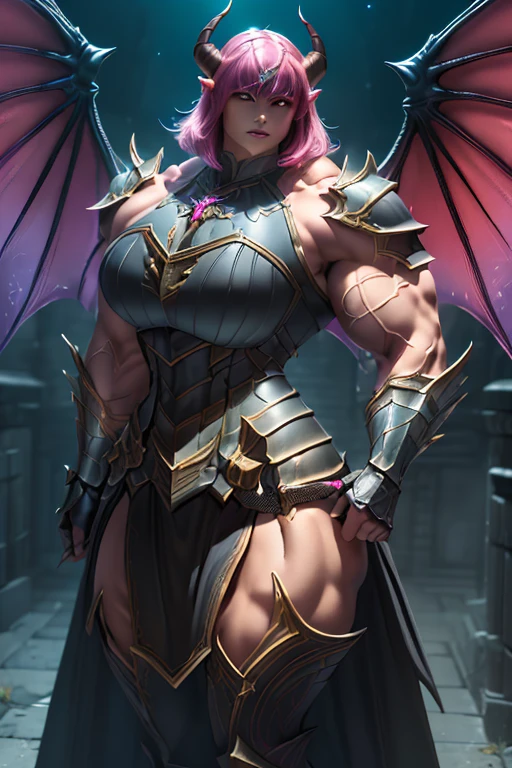 ((Massive beautiful, buff, light brown skinned muscular dark paladin woman with shocking pink hair, giant demon wings, black lipstick, ginormous bulky muscles, carrying a giant sword and wearing full black demonic paladin knight armored with a long tiered skirt)), (close view), large breast, massive muscles, massive biceps, hyper muscle shoulders, (giant demon wings), hyper muscle triceps, (angled bob cut), red eyes, (demon Paladin boots), (demon armor), (long tiered skirt), breastplate, (demonic gauntlets), (Shoulder armor), closed smile, (in a hellish castle), (Dark and moody universe:1.3), fire, Vascular arms, hyper muscles arms, hyper muscle legs, massive buff arms.