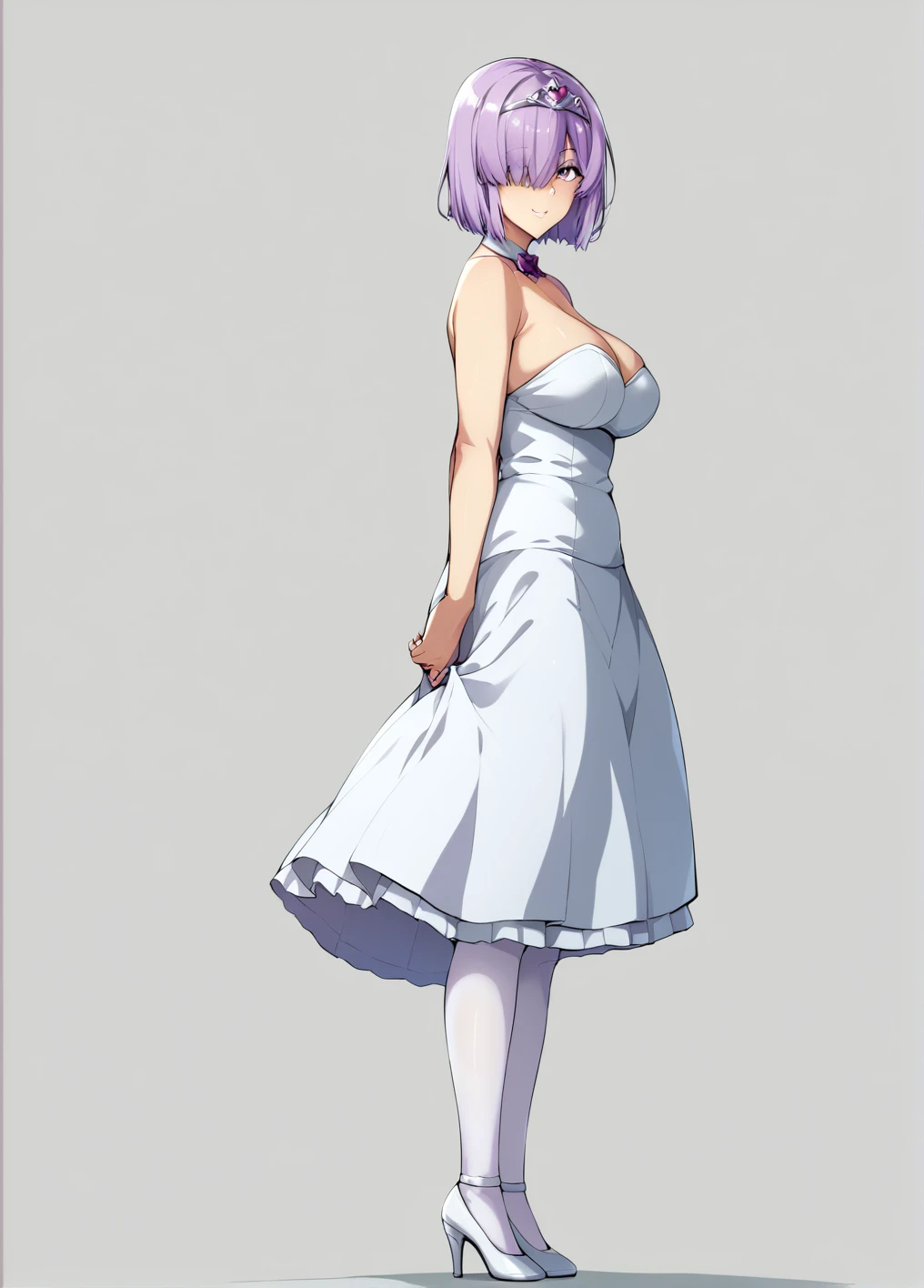 front、Ultra-detailed illustrations、Ultra-precise expression、masterpiece、Highest quality、ultra High resolution、High resolution、Hiromitsu Takeda Style、Angle from the side、White background、Simple Background、Character portrait、One girl、solo、Mash Kyrielight、light purple hair,short hair,hair over one eyes、Wedding dress、Heart Tiara、White high heelini skirt、White tights、