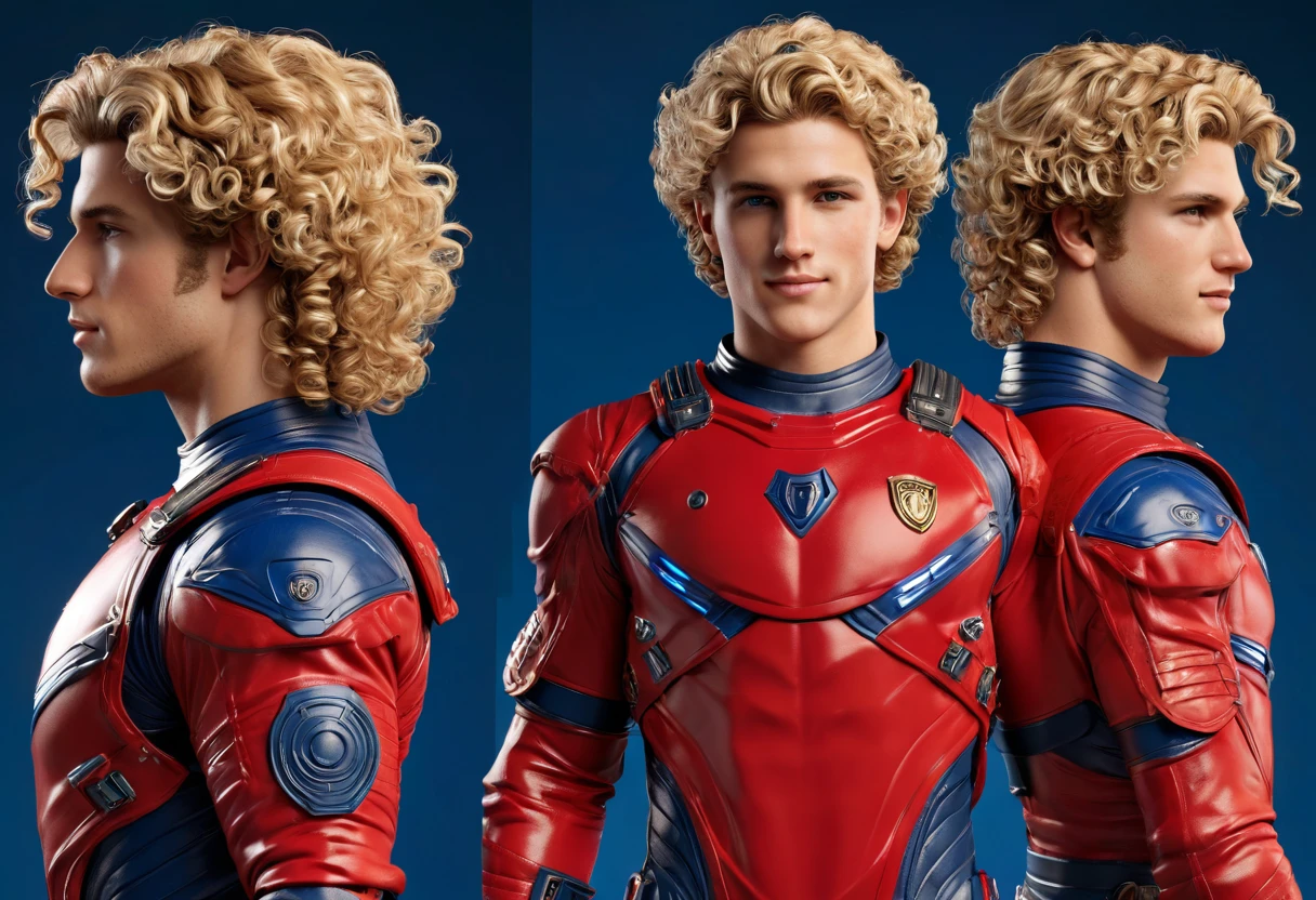 front view, side view, back biew, a dynamic photorealistic ((full-body character sheet)) of a 22years old RYAN DALISH, of north-american origin, fit appearance, well built, blonde curly hairs, chiseled chin, greek demi-god appearance, face like the roman and greek statues, in a red and blue spacesuit with boots, perfect anatomies, detailed faces, detailed skins, detailed eyes and mouths, well aligned teeth, high quality, 4k resolution, photographic, hyperrealistic,