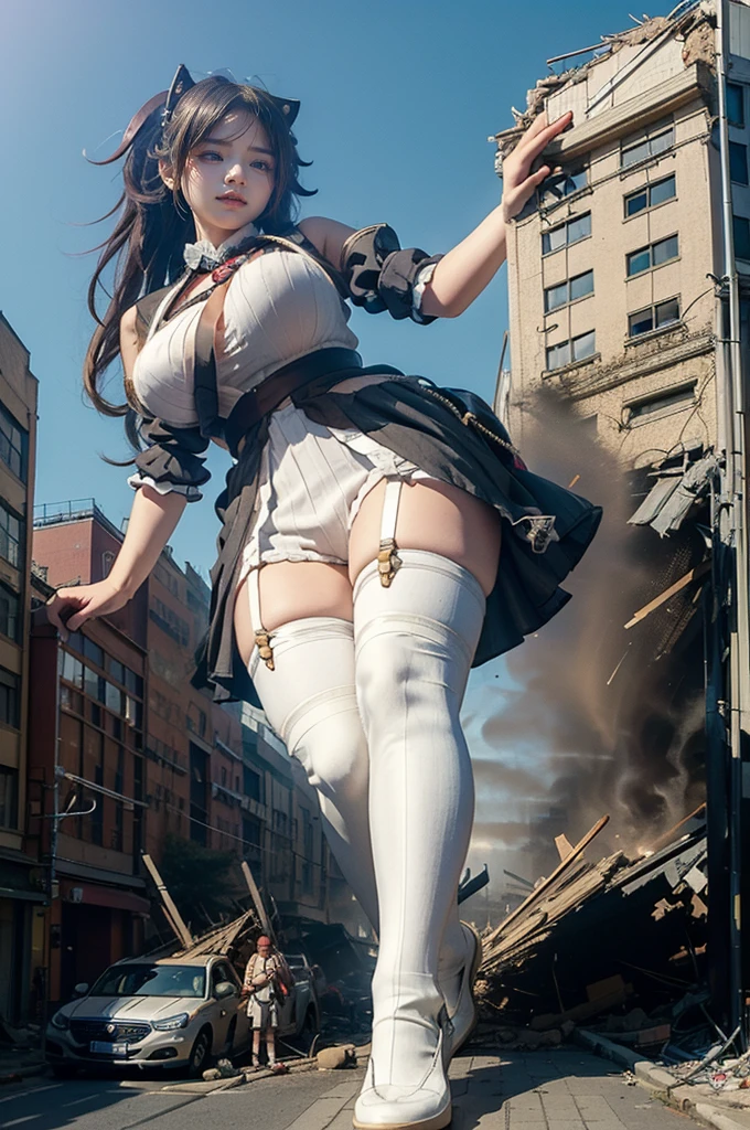 looking at the camera、steampunk、Standing on top of a ruined building、Big building explosion、The building collapses、Urban hustle and bustle、Traffic jam、City of Rubble、street tree、Car and bus、truck、taxi、City boulevard、Pedestrian bridge、Streetcar route((((Azur Lane Cheshire Cosplay))))、Frilled maid outfit、(((Super huge breasts)))、((Plump thighs))、Ground View,City of Giants,500 foot tall giant girl,skyscraper,Has super long legs,Step into the crowd,There are many people on the street,Knee-high socks,A happy look,Standing on the ruins,Beautiful appearance,Exquisite makeup,quality,8K,高quality,Perfect Proportions, Cinema Lighting,Film Grain,The Colors of Fuji,8K,Textured skin,Super Detail,High detail,high quality,High resolution,explode,False Smile、Reaching out