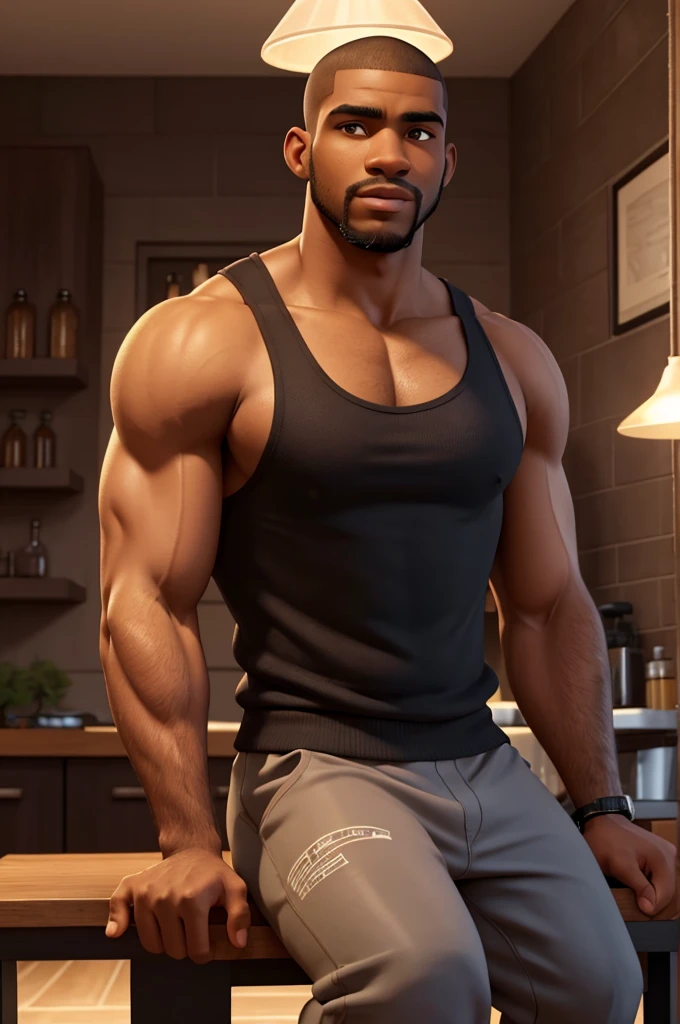 a hot black male, savon jackson, well-trimmed beard, dark skin, buzzcut, early 20s, sitting on bar stool in modern kitchen, beefy body, big juicy jiggly pecs, extremely detailed, realistic, photorealistic, 8k, high quality, cinematic lighting, dramatic shadows, warm color tones, wearing a tank top and boxers