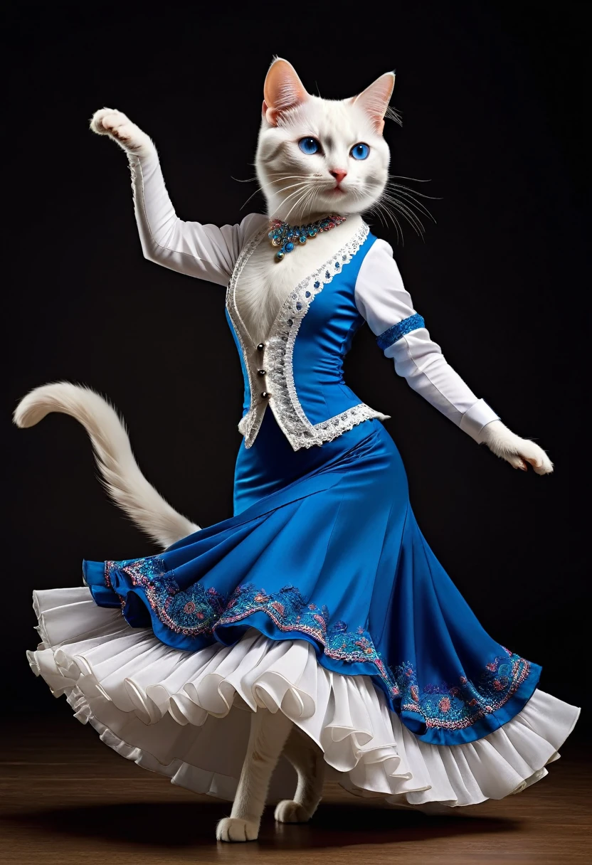 Realistic portrait of a dressed animal - a beautiful white cat, Blue Eyes、Dancer,(Dynamic action poses in flamenco dance), high quality,(Lovely) ,Intricate details, Very detailed ((Flamenco dance costumes)) ,Very detailed decorations,, (Happy), Studio Lighting,(Full body image:1.5)