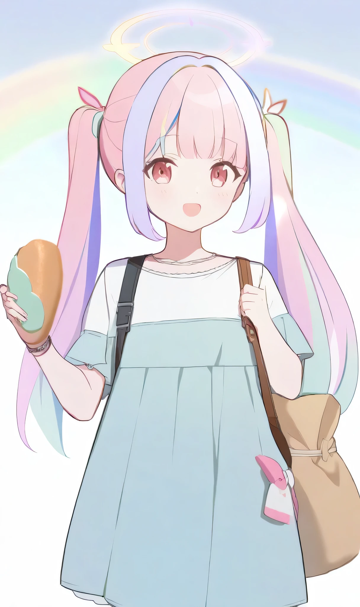 Gun_on_back_rainbow_hair_Holding_Bread_halo_casual_cute_outfits_Long_Twintails_hair_with_white_ribbons_\(\blue achive\)