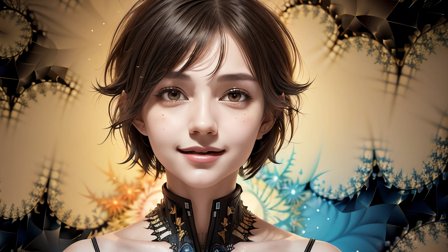 256 19-year-old female, (short hair),(Abstract background,Fractal Art:1.46), smile