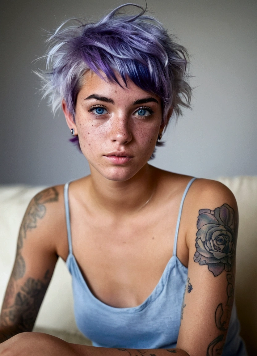 Create an image of a 22-year-old American woman, crystal blue eyes, olive skin, freckles on her face, short shaggy hair, blue and purple hair, slightly messy hair. depth of field, front focus, ultra realistic (small tattoo on face). sitting on the sofa with her legs open, completely naked. white hair. full body photo, without clothes, perfect body