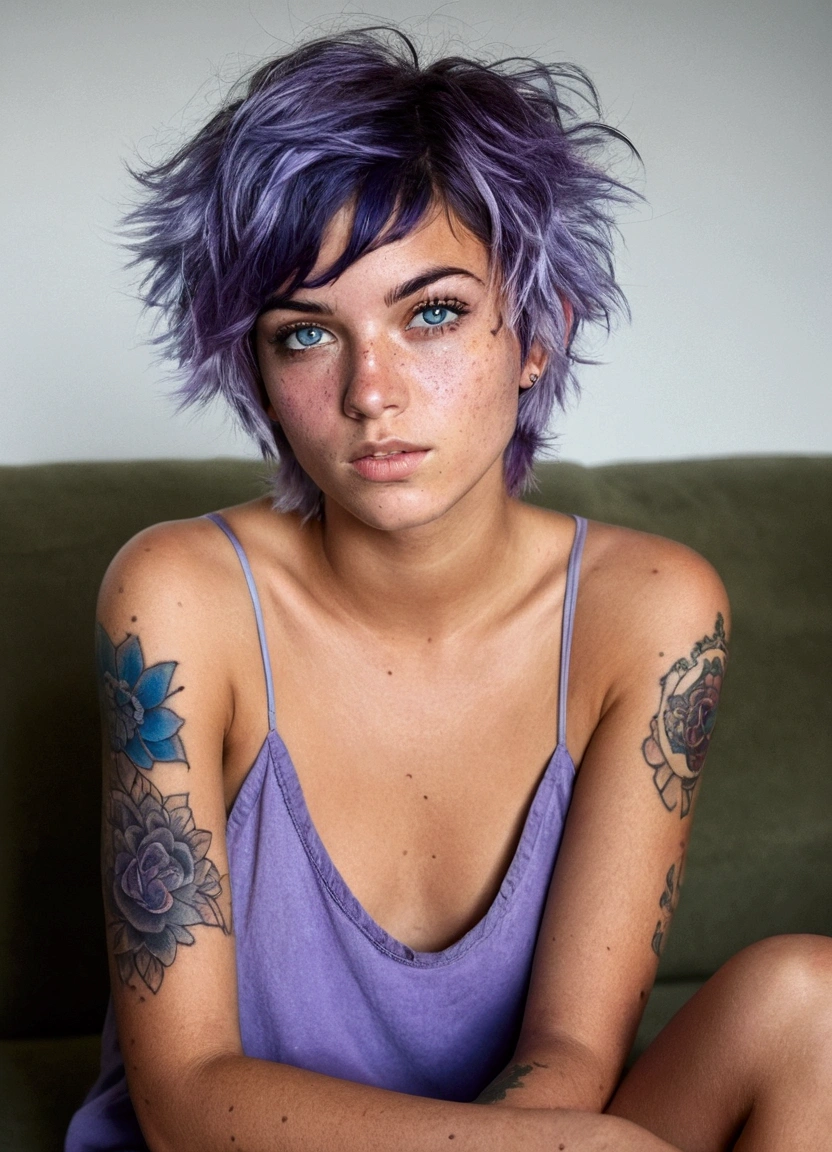 Create an image of a 22-year-old American woman, crystal blue eyes, olive skin, freckles on her face, short shaggy hair, blue and purple hair, slightly messy hair. depth of field, front focus, ultra realistic (small tattoo on face). sitting on the sofa with her legs open, completely naked. white hair. full body photo, without clothes, perfect body
