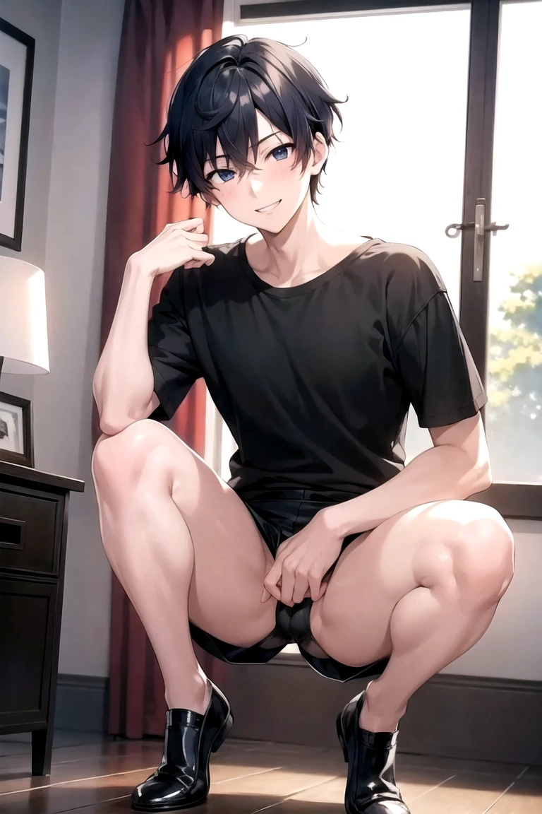 masterpiece, Highest quality, beautiful boys anime face, 19 old a boy, gay anime hentai, tall, no underwear, bedroom alone, sexy pose, blushing and smile face, Upper body naked, short hair, black eyes, leather shorts, want sex, prostitute boy, full body, crotch emphasis, The gesture of taking off your pants