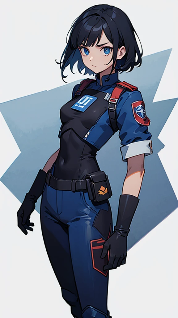 1,An android that resembles a human,Deep blue eyes,Short black hair,Dark blue uniform,Island symbol on chest,Red armband on right arm,gloves,Dark blue pants for easy movement,Many side pockets,Black leather boots,badge,White background,whole body,Character portrait,