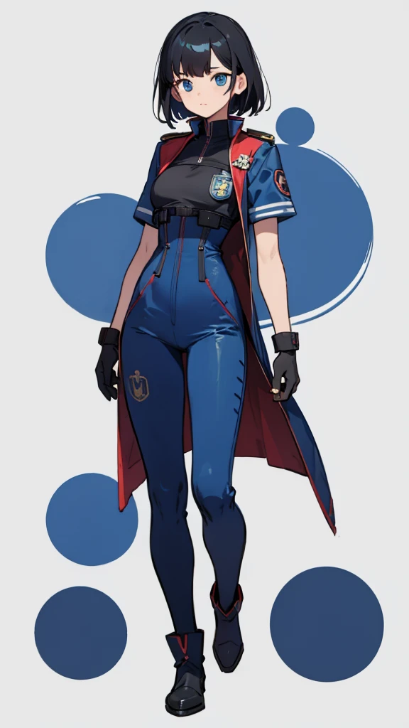 1,An android that resembles a human,Deep blue eyes,Short black hair,Dark blue uniform,Island symbol on chest,Red armband on right arm,gloves,Dark blue pants for easy movement,Many side pockets,Black leather boots,badge,White background,whole body,Character portrait,