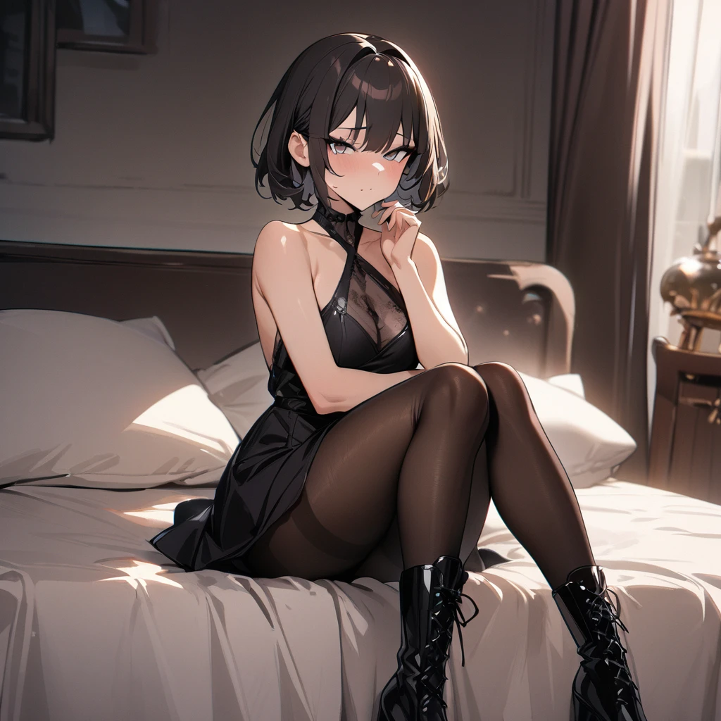 1boy, dark hair, short hair, poker face, pantyhose, dress, boots, looking at viewer, sitting, bed, masterpiece, best quality, highres, nice hands, perfect hands,