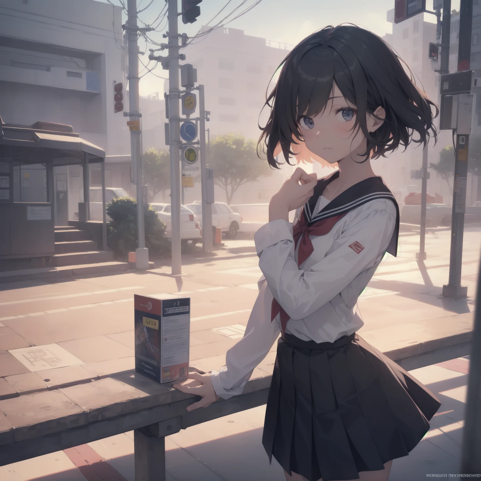 ultra-absurdres-Top quality by artist God, ultra-detailed, high resolution, anime moe artstyle, best anime 8k konachan wallpaper, pixiv contest winner, pool:2810, perfect anatomy,break, 1girl, (Please draw a girl walking sleepily to school alone. )break,(Solo,little female, 13-year-old:1.3),Full limbs, complete fingers,a junior high school student, (very short hair), short cut, flat chest, , small butt, small black eyes, beautiful detailed eyes, well-proportioned iris and pupils, expressive eyes, highres detailed hair, soft expression, salor school_uniform, sailor collar, serahuku, bow, pleated skirt,(Detailed Lighting), (Detailed background), in the School commute route. break,super detailed skin, Best cinematic lighting powered by famous artist, 8k,beauty illustration,photoshop_(medium),very aesthetic,break,((artist:tomose_shunsaku )), artist:clamp ,artist:carnelian ,artist:kantoku ,
