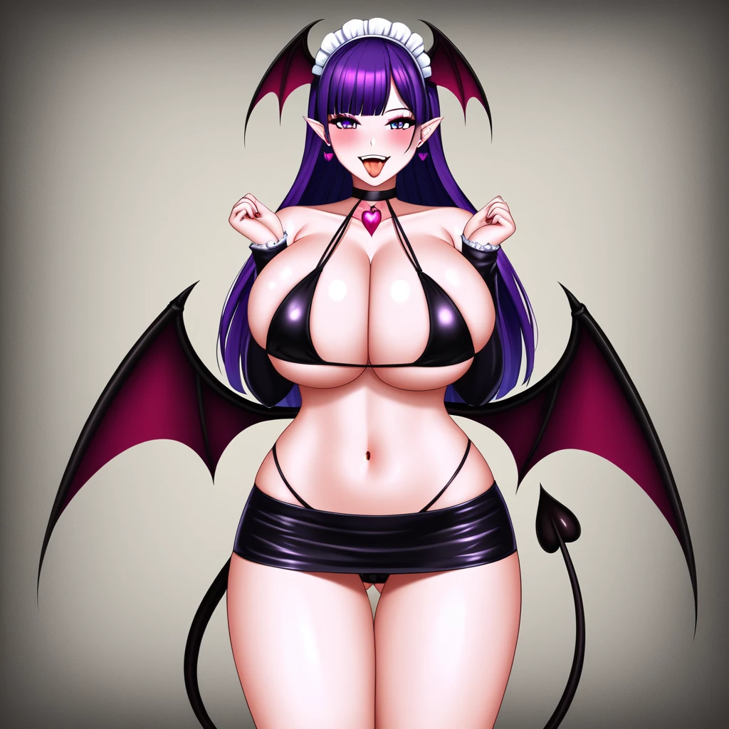 A sultry succubus pose against a sensual dark backdrop, where she floats in mid-air with effortless grace. Her resplendent costume dazzles with ornate micro skirts, hoose, and an elaborate headdress, as colorfull hair cascades down her slender back like precious gems. Captivating violet eyes sparkle with lascivious intent, hinting at a playful, torogao nature. A delicate heart choker adorns her navel, adding to the allure of her captivating physique. As she jumps, MASSIVreasts arated sleeves create a mesmerizing display against the stark background. Her tiny fangs gleam in full view, showcasing her succubus tail and wings. Underboobs and belly buttons peek ouom beneath layered skirts, leaving little to the imagination as her tantalizing form is framed by the high-contrast darkness.