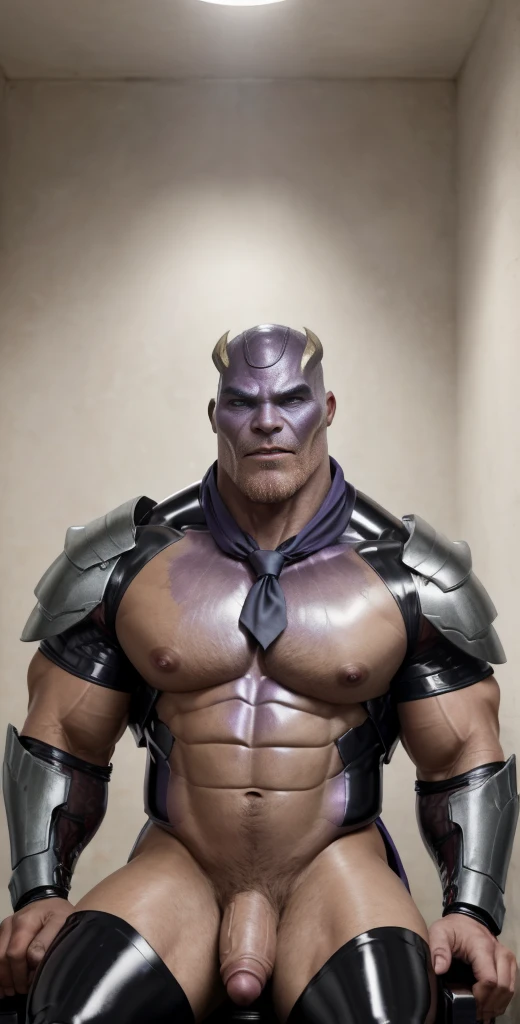 (masterpiece, intricately detailed, highest resolution, best quality:1.2),a cocky Sean Xavier, a 34 y.o muscle stud with a muscular physique sitting on a chair with black eyes,fair-skinned male, completely naked, flaccid penis, intimidating, little smirking, saggy balls,hairy chest,vascular,muscle striations,soft light,fantastic realism, wearing a ((executive suit and tie made with latex fabric morphs into armored combat Thanos suit and tie made with latex fabric morphs into armored combat Thanos uniform))
