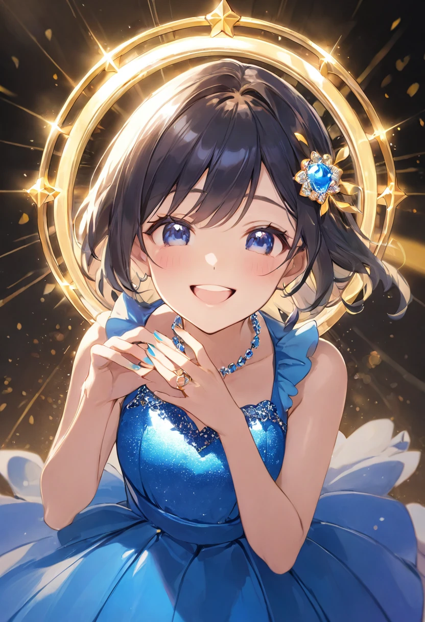 A shining ring placed in the center、Beautiful girl looking at the ring、Great smile、Bright smile、Blue half dress、