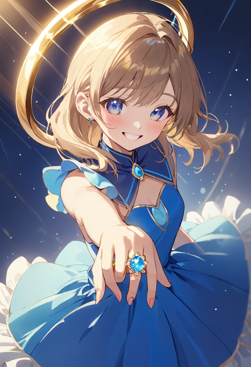 A shining ring placed in the center、Beautiful girl looking at the ring、Great smile、Bright smile、Blue half dress、