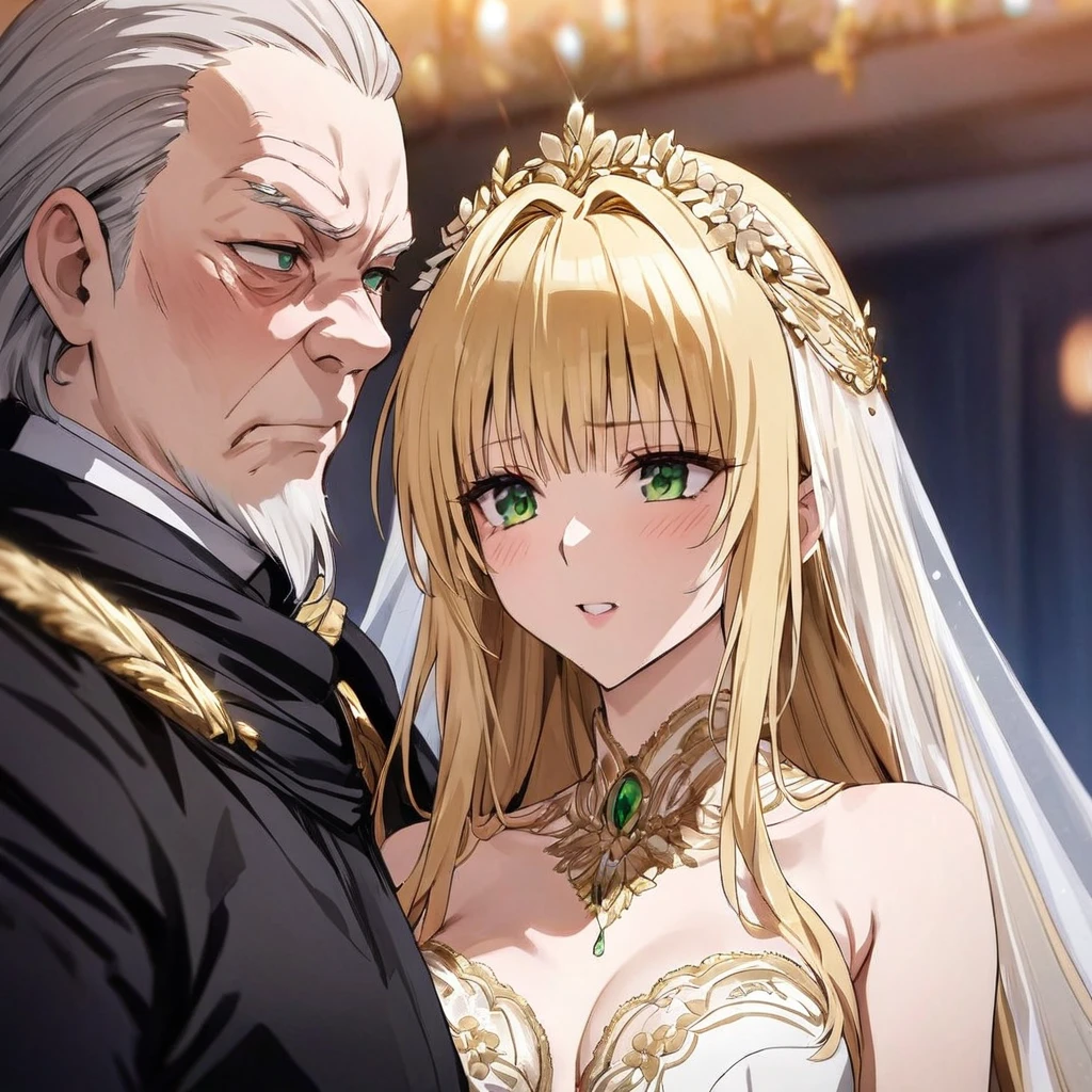 ((Highest quality)), ((masterpiece)), (detailed), （Perfect Face）、The woman is a tiare with green eyes, medium-long blonde hair, and is wearing a gorgeous wedding dress with gorgeous gold embroidery and trim, a wedding veil, and an engagement ring.、The woman is in a wedding ceremony with Emperor Palpatine、The woman is standing close to the Emperor, and the dignified old Emperor Palpatine is holding the woman close to him as they hold their wedding ceremony.、The man is Darth Sidious, Emperor Palpatine, Dark Lord of the Sith, a wrinkled, dignified, ugly old man wearing a black hooded robe.