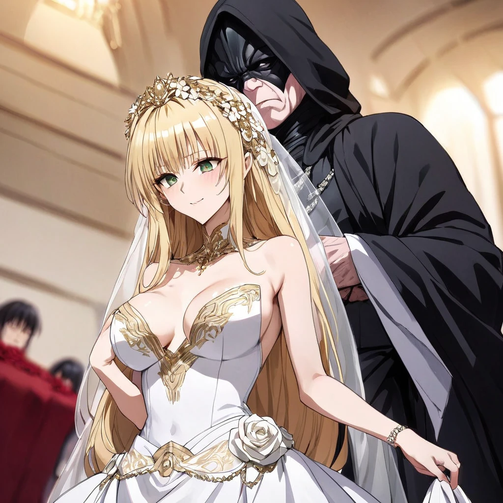 ((Highest quality)), ((masterpiece)), (detailed), （Perfect Face）、The woman is a tiare with green eyes, medium-long blonde hair, and is wearing a gorgeous wedding dress with gorgeous gold embroidery and trim, a wedding veil, and an engagement ring.、The woman is in a wedding ceremony with Emperor Palpatine、The woman is standing close to the Emperor, and the dignified old Emperor Palpatine is holding the woman close to him as they hold their wedding ceremony.、The man is Darth Sidious, Emperor Palpatine, Dark Lord of the Sith, a wrinkled, dignified, ugly old man wearing a black hooded robe.