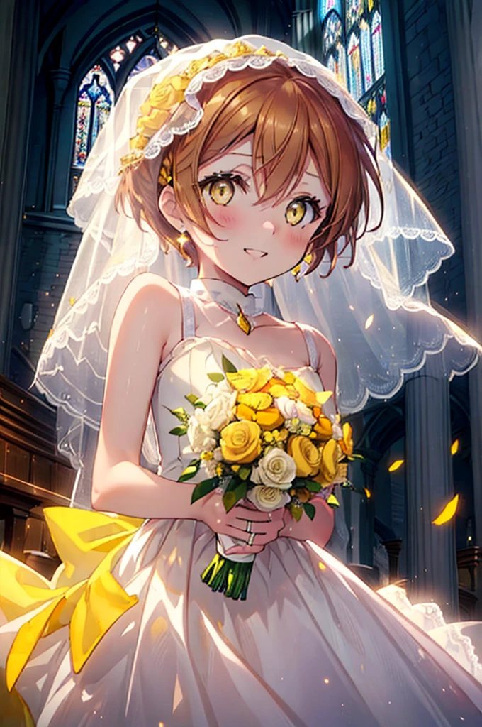 Rin Hoshizora (Yellow Eyes:1.5), Hair between the eyes, Brown Hair,short hair,blush,happy smile, smile, Open your mouth,Wedding dress,Veil,bouquet,　　　　　　　　　　　　break looking at viewer, whole body,(Cowboy Shot:1. 5) 　　　　　　　　　　　　　　　　　　　break indoors, Chapel,church, 　　　　　　　　　　　break (masterpiece:1.2), Highest quality, High resolution, unity 8k wallpaper, (shape:0.8), (Beautiful attention to detail:1.6), Highly detailed face, Perfect lighting, Extremely detailed CG, (Perfect hands, Perfect Anatomy),