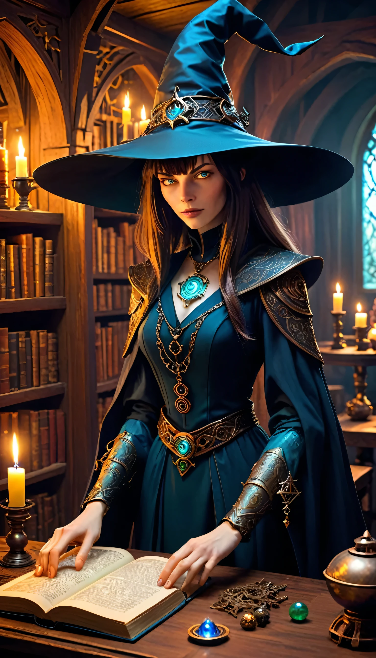 depicts a modern-day witch (Milla Jovovich) who has embraced the world of cybernetics to enhance her magical abilities. The artwork should convey the enchanting blend of traditional witchcraft and futuristic technology. Here are some specific elements to include: The Witch's Lair: The setting should be a cozy yet slightly eerie room, filled with magical books, crystal balls, potion ingredients, and antique furnishings. The room should be dimly lit by candles and a soft, mystical glow emanating from her cybernetic enhancements. The Cyborg Witch: The central focus of the artwork is the witch herself. She's a striking figure with a mix of traditional witch attire and cybernetic enhancements. Her clothing should have a witchy, occult aesthetic, with flowing robes, a pointed hat, and an intricate pentagram necklace. Her arms, however, have been upgraded with cybernetic components that incorporate magical symbols and glowing runes. Magical Interface: The witch is in the midst of casting a spell, with a holographic, touch-screen interface floating before her. This interface includes spell incantations, arcane symbols, and digital components, demonstrating her fusion of magic and technology. Spell Ingredients: On a nearby table, there should be a collection of spell ingredients, like herbs, potions, and magical artifacts. Some of these items may have been modified with cybernetic enhancements, blurring the line between the natural and the technological. Familiar: The witch's familiar, perhaps a cat or raven, should be present in the scene, serving as her magical companion. The familiar could also have subtle cybernetic enhancements or glowing eyes. Glowing Runes: The room should be adorned with ancient symbols and glowing runes on the walls and floor, contributing to the magical atmosphere. Aetherial Lighting: Use a combination of mystical, ethereal lighting and cybernetic glows to create a captivating interplay of light and shadow. The contrast between the tradit
