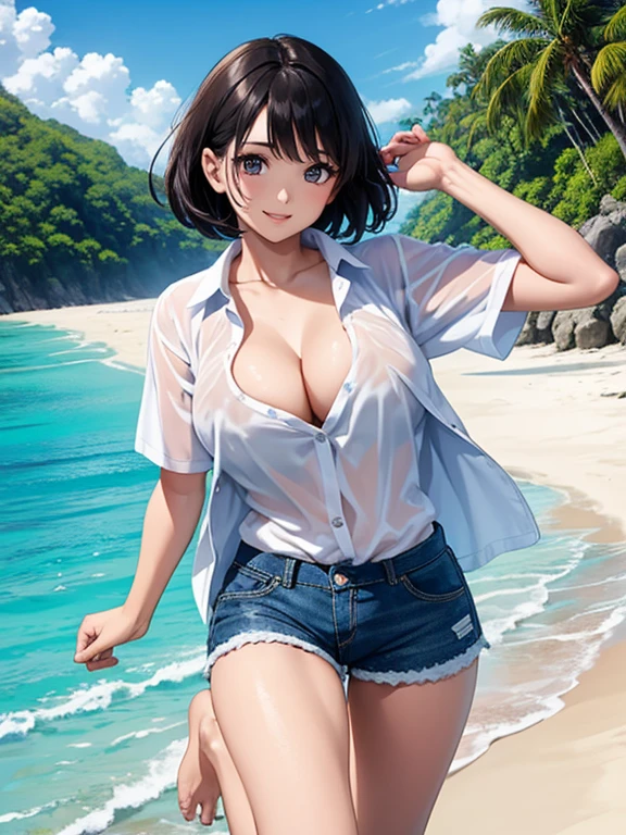 (Highest quality、masterpiece、High resolution、8K)、Vibrant colors、Young and beautiful woman 1、whole body、Brown and black short bob、barefoot、(Detailed face、Beautiful Eyes、Beautiful nose、Pretty lips)、Ample beautiful breasts、Beautiful cleavage、White shirt and shorts、Running on the beach、A refreshing smile、Official Art、The background is the sea、blue sky、White waves and wide sandy beach、Wide forest、White Entrance Cloud、