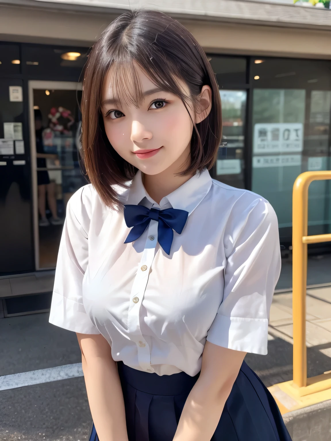 Very detailed CG Unity 8K 壁紙, Highest quality, Very detailed, masterpiece, Realistic, Realistic, Very detailed Japanese cute girls, (32 years), blush, Round eyes, Thick eyebrow chest,   High resolution raw color photos, Professional photos, Portrait of sexy girl、Anatomically correct body shape、Healthy body shape、Brown short hair、smile、uniform、high school girl、Write your hair、Front view、Show your side、Avoid the same pose、The whole body is shown、Female announcer、Mature Woman、Pictured alone